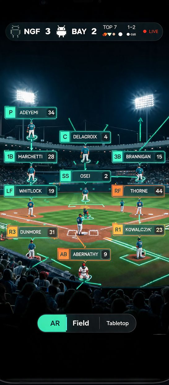 Spotter XR baseball view: name cards over all nine fielders, the batter and the runners at a night game.