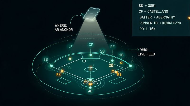 Wireframe diagram: a phone anchors a virtual diamond (where) and the live feed supplies the name for each position (who).