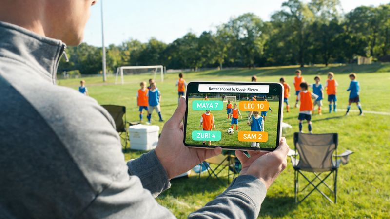 A parent on a youth soccer sideline holds up a phone showing first-name cards over the kids, with a note that the roster was shared by the coach.