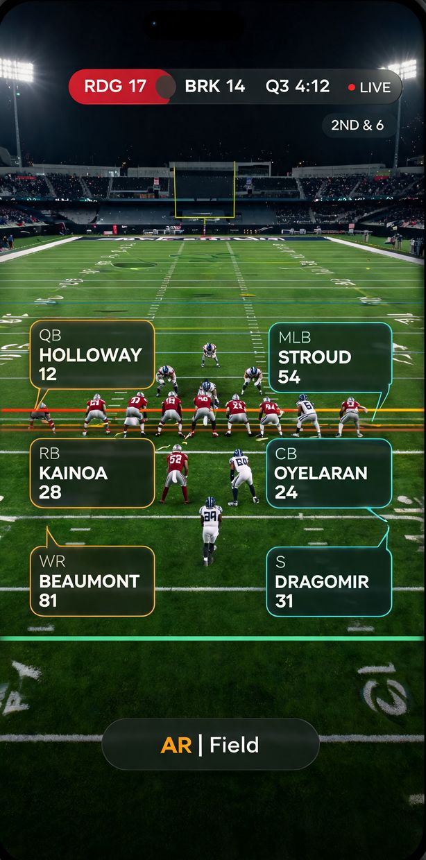 Spotter XR football concept: line of scrimmage and first-down line drawn on the field with player cards.